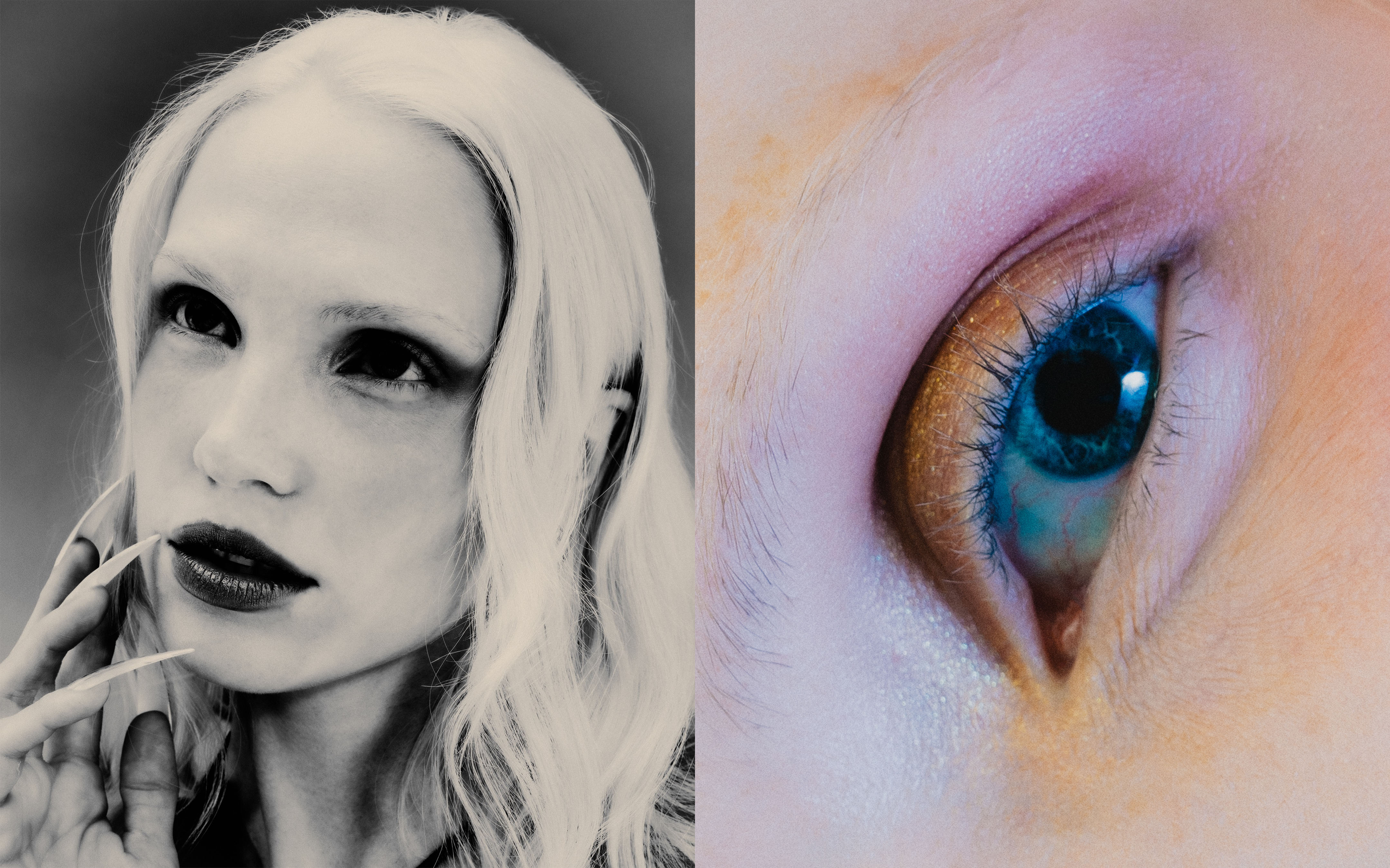 Artistic split image featuring a light-skinned adult woman with long hair, heavy makeup, and a close-up of a blue eye.