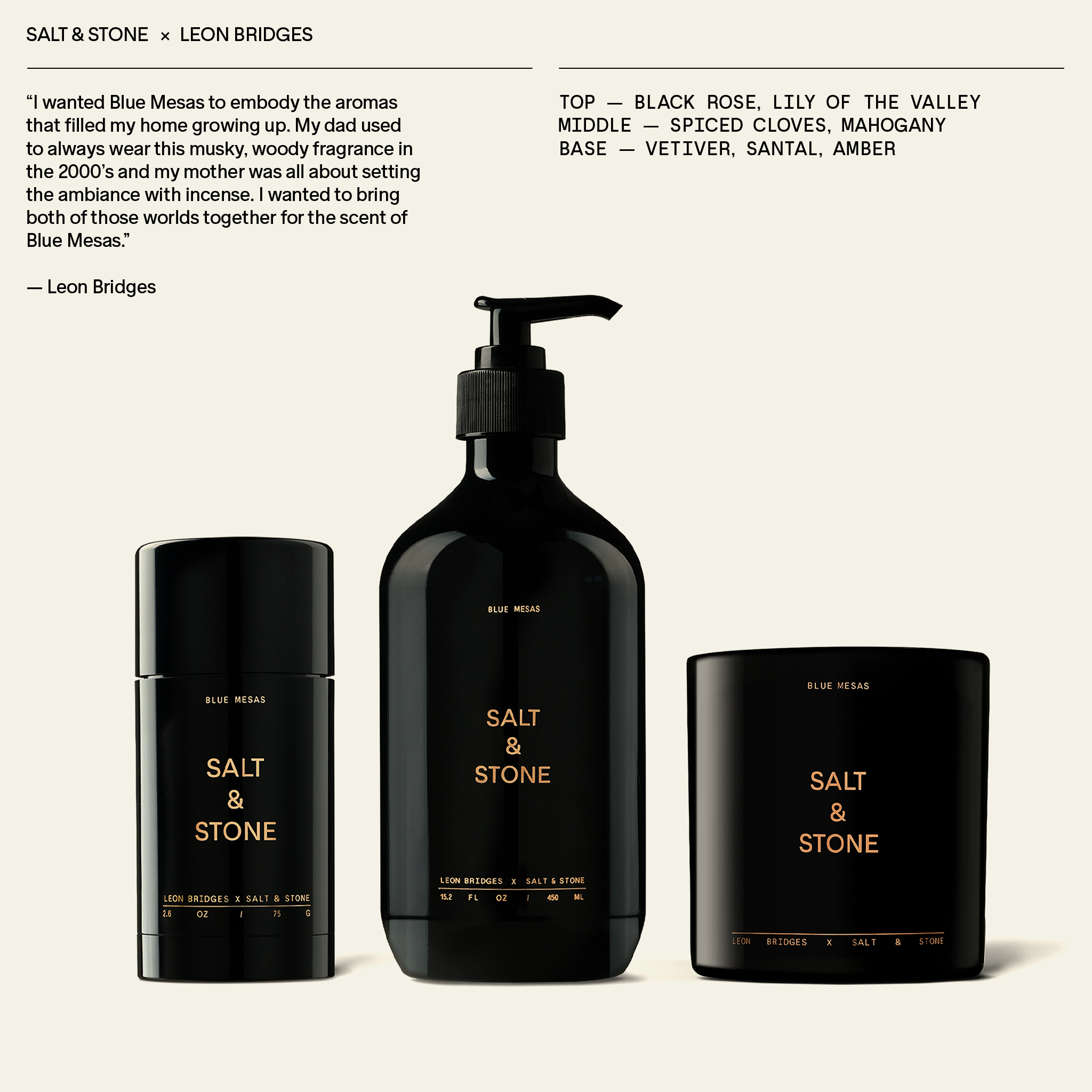 Three black Salt & Stone personal care product containers are displayed on a beige background in a product-focused studio shot.