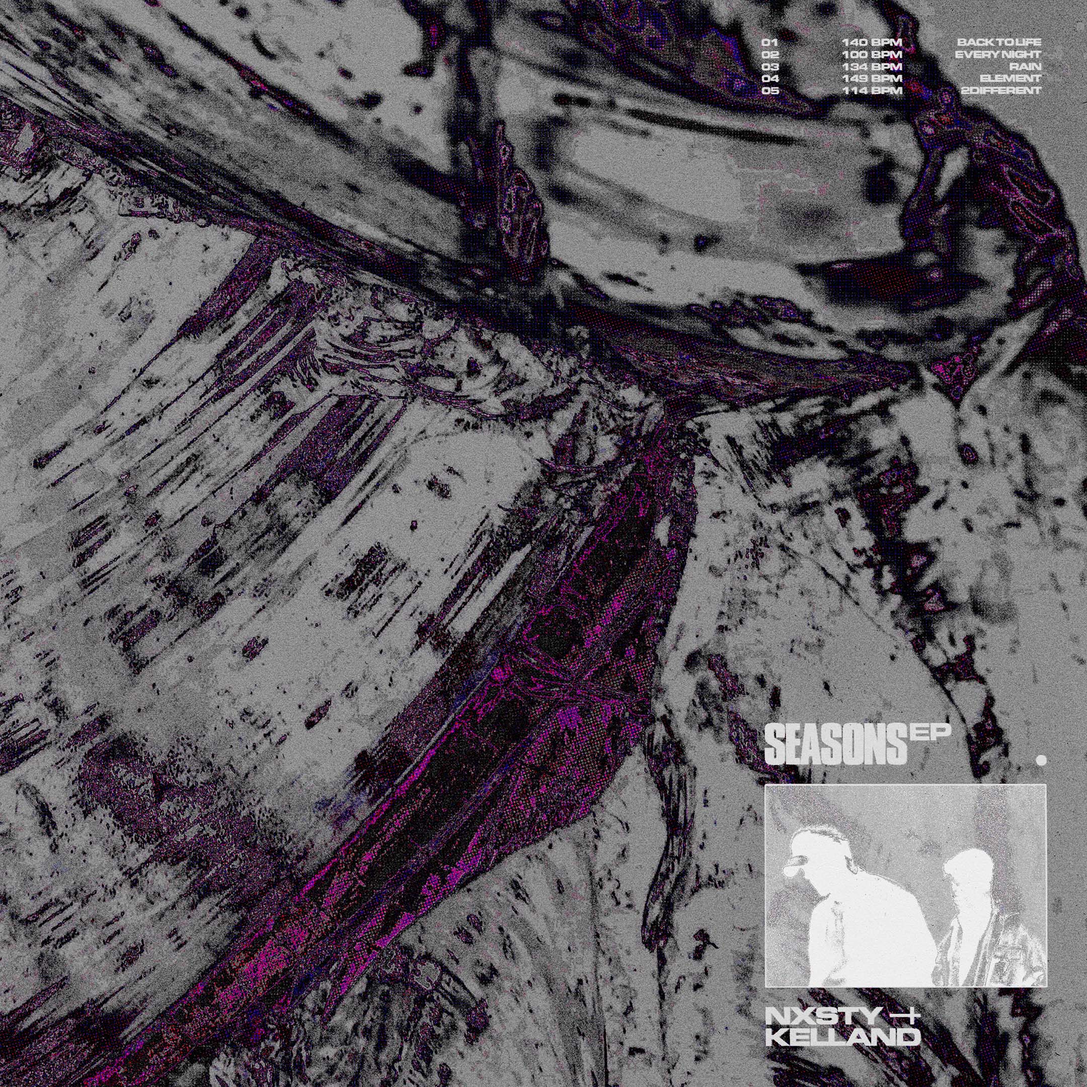 Album cover art with two figures in silhouette against a washed-out grey mountain backdrop, title text 'Seasons EP' prominent.