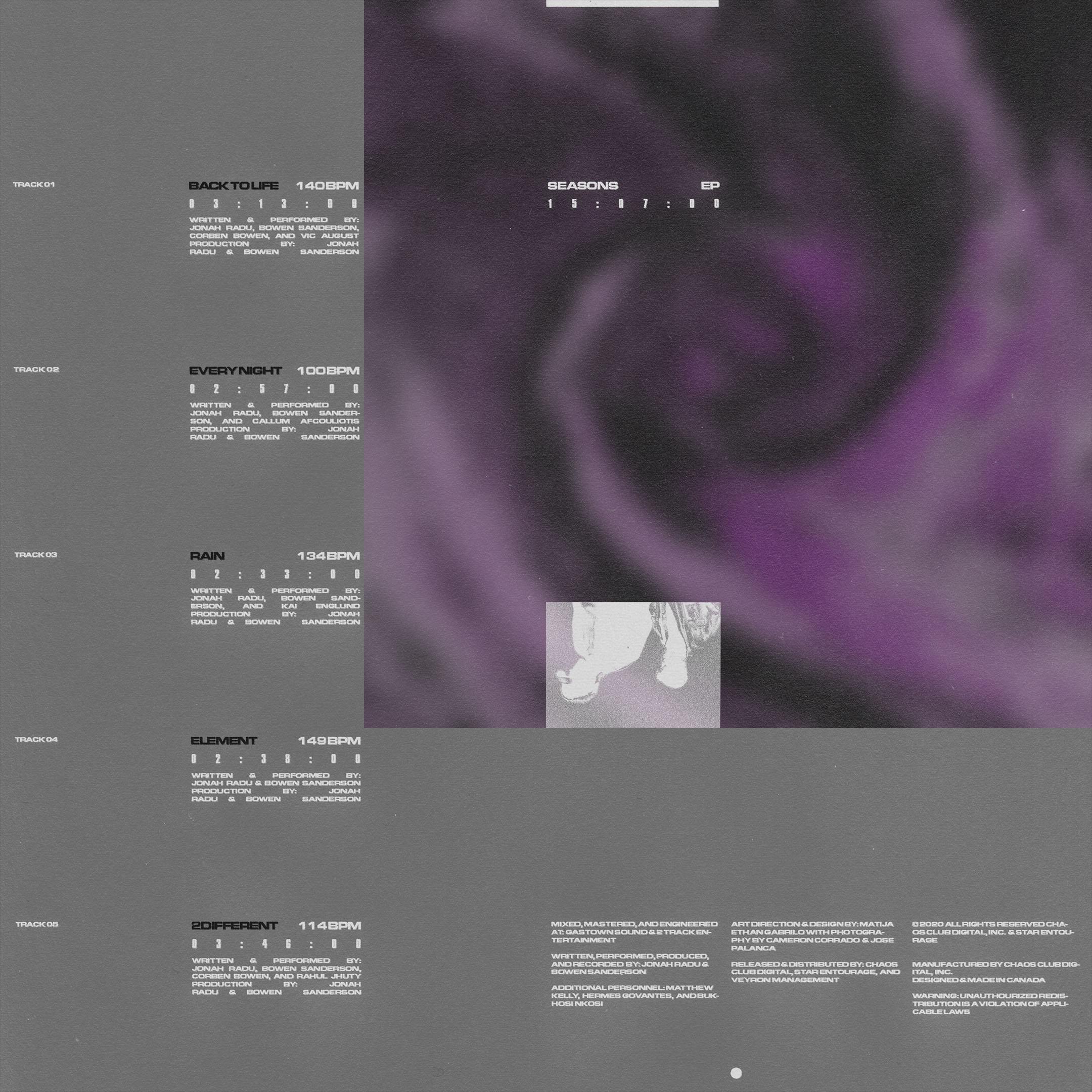 Album cover art featuring a lavender and gray color scheme with track listing and a swirl design with a monochromatic inset photo.