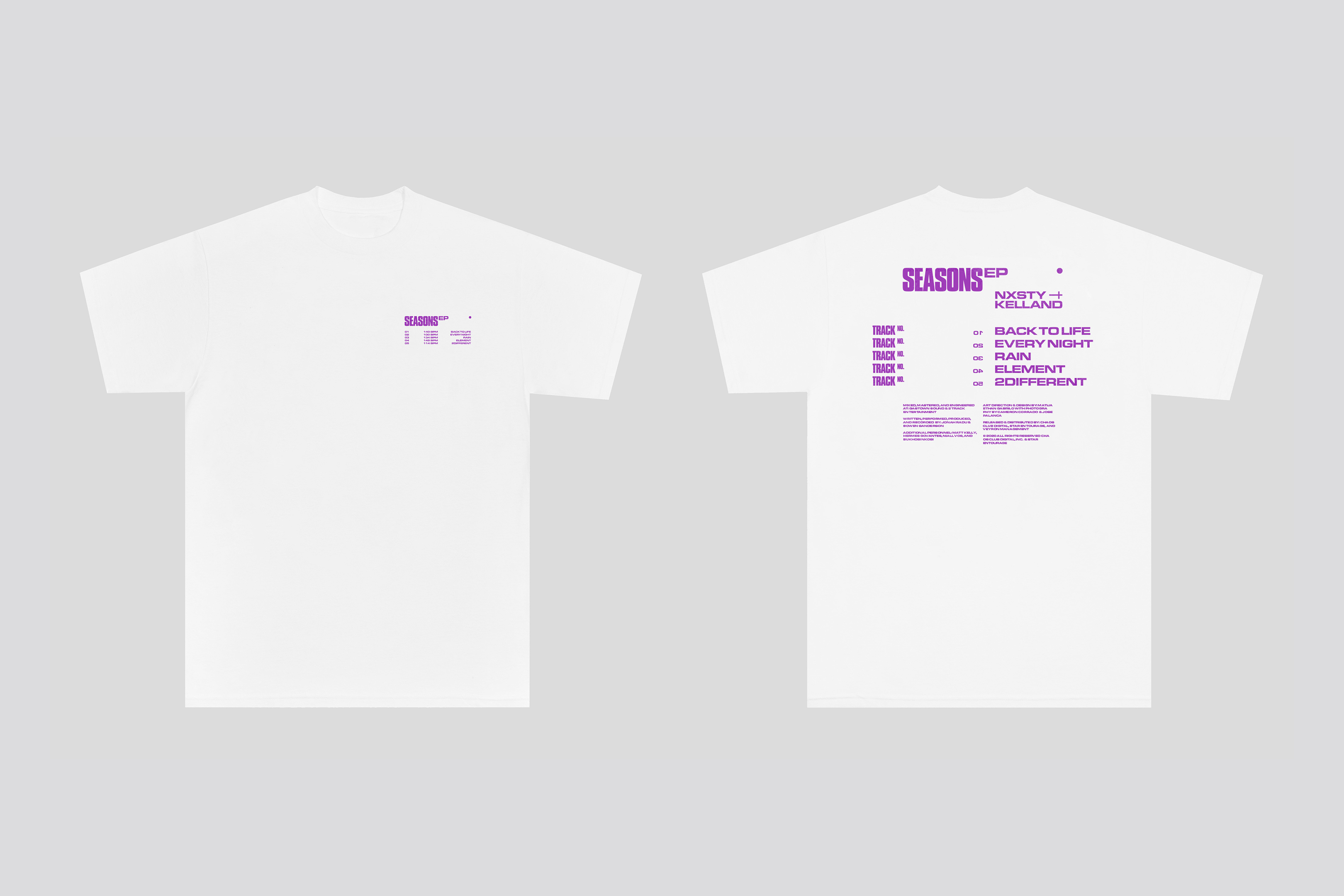 Two white t-shirts with purple graphics are displayed against a neutral background, showcasing the front and back designs.
