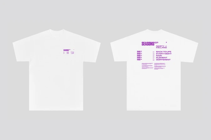 Two white t-shirts with purple graphics are displayed against a neutral background, showcasing the front and back designs.