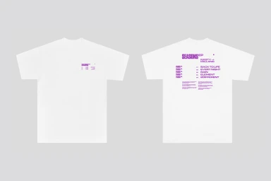 Front and back mockup of a white short-sleeve t-shirt featuring purple typography and tracklist graphics on a grey background.