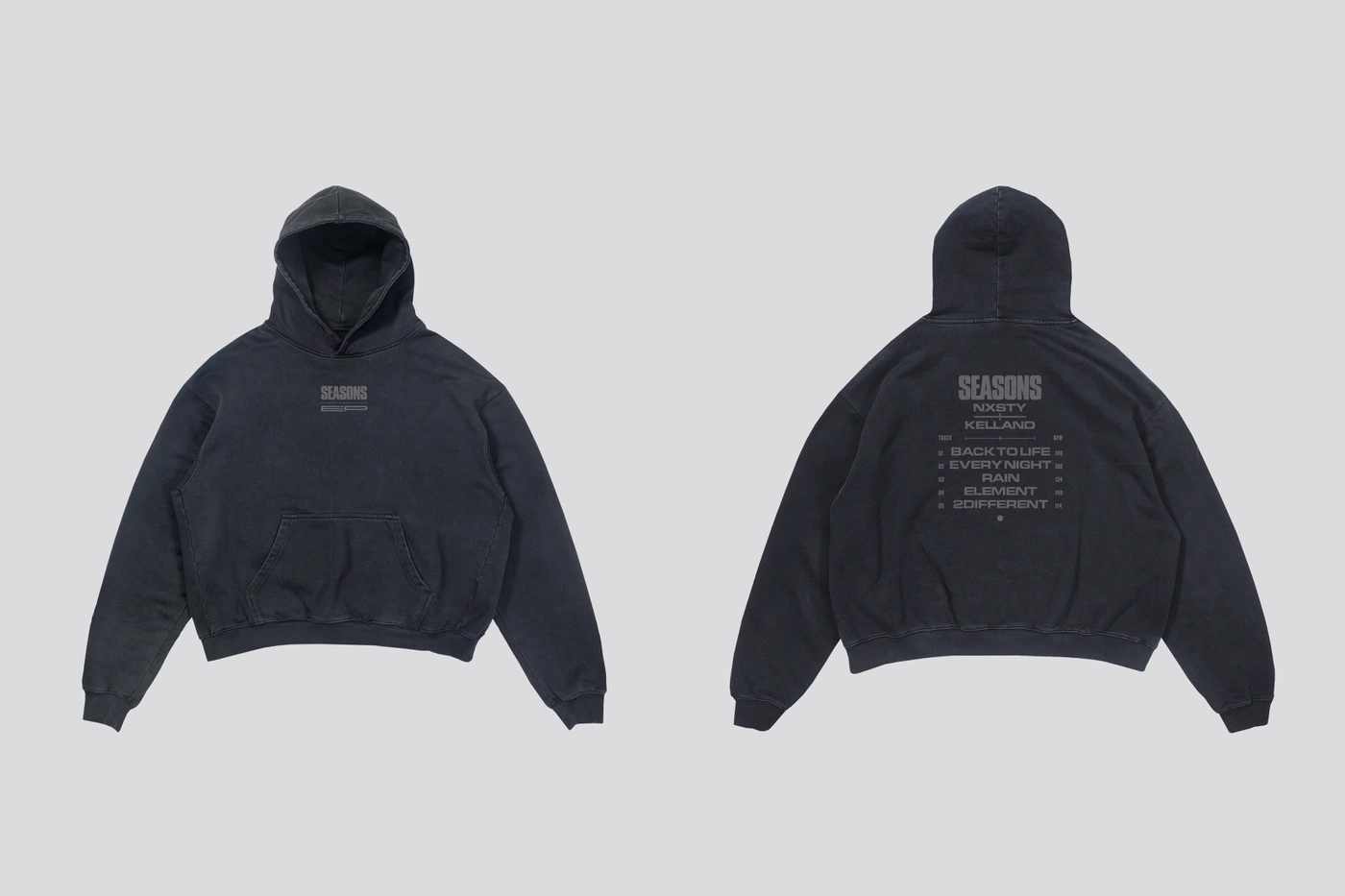 Front and back view of a washed black pullover hoodie from the Kelland SEASONS EP campaign on a light grey background.