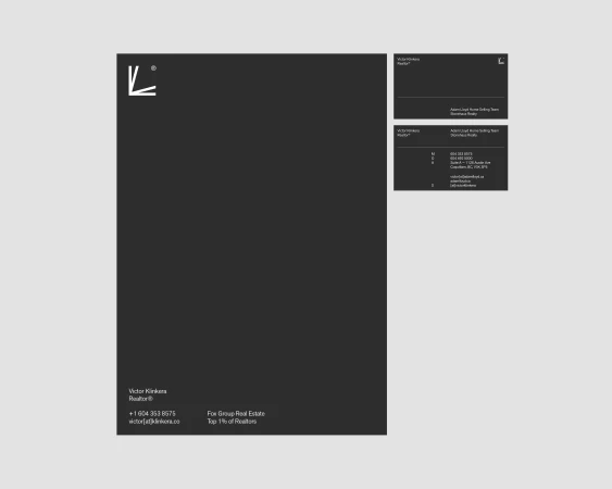 Promotional graphic with logo and text for Victor Klinkera, realtor, including contact details and company details on a grey background.