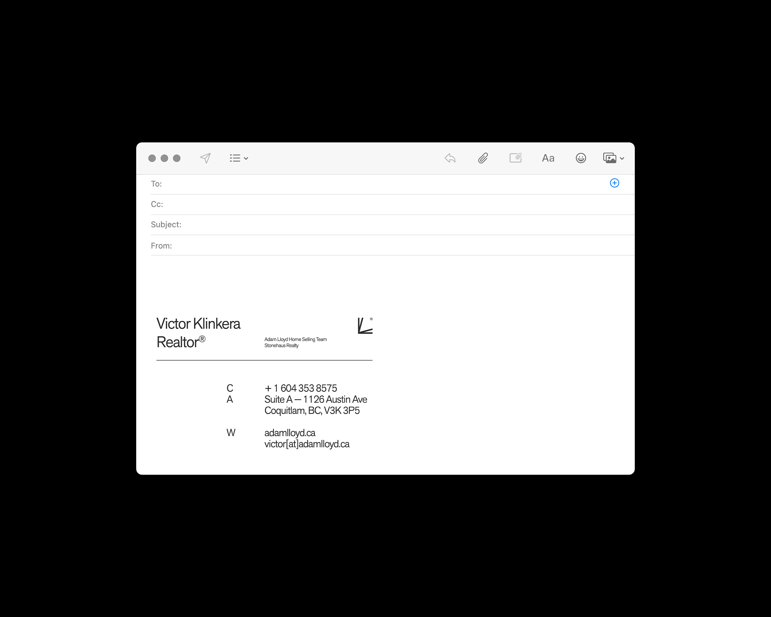 Email interface displaying contact information for Victor Klinkera, a Realtor in Coquitlam, BC, including phone number and email.
