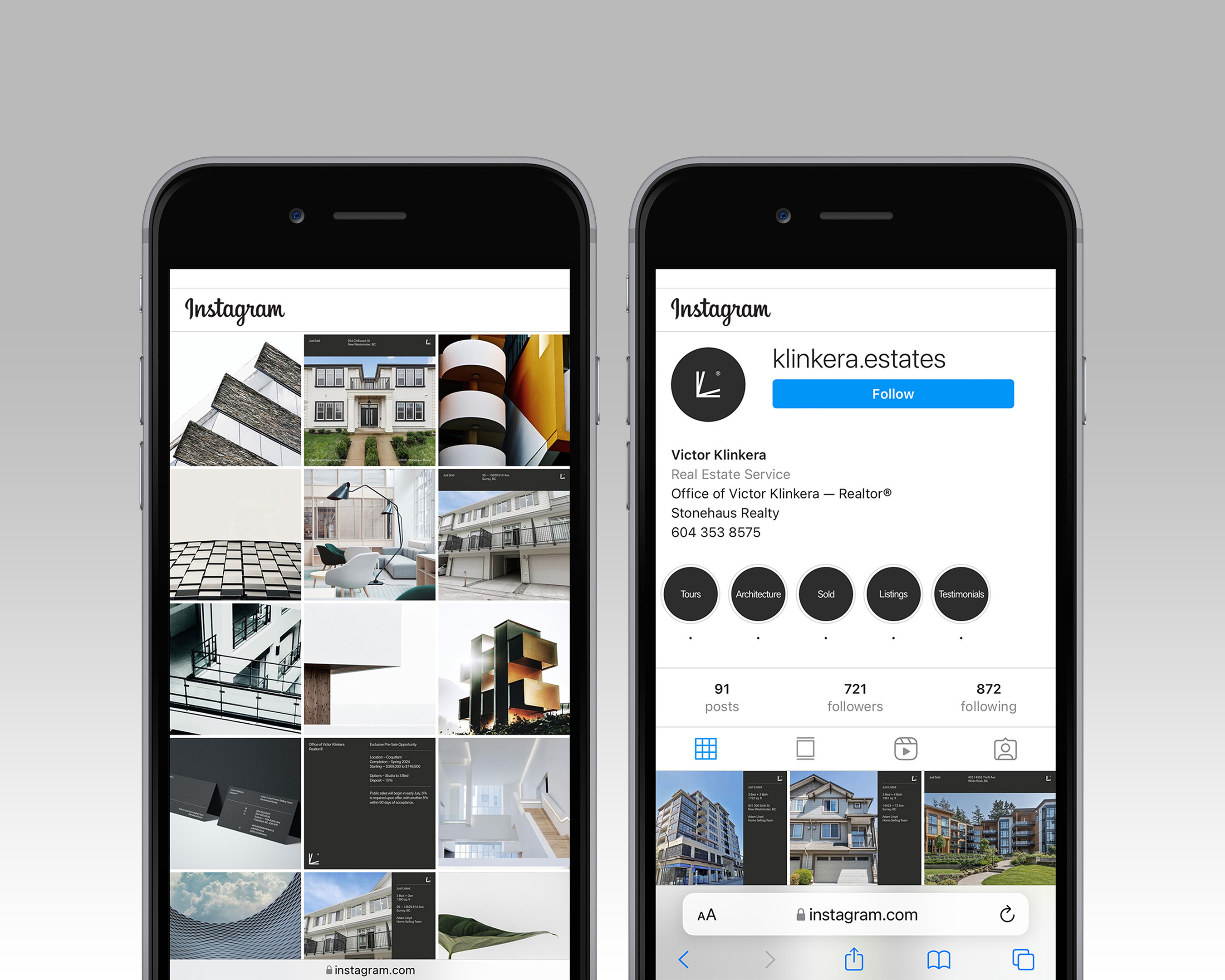 Two iPhones display an Instagram profile featuring architecture and real estate listings, shown against a neutral gray background.