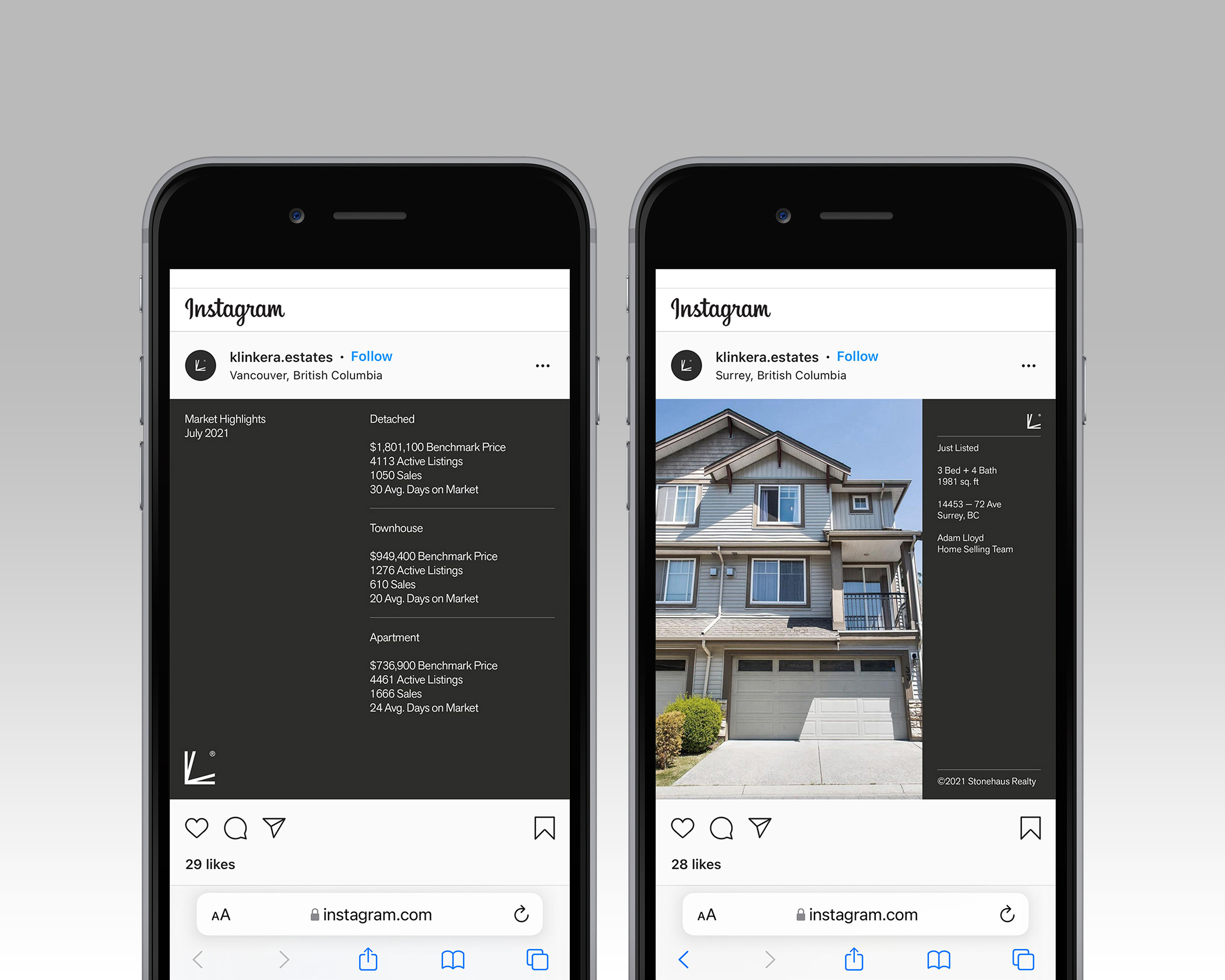 Two smartphone screens display Instagram posts from Klinkera Estates, featuring market statistics and a house in British Columbia.