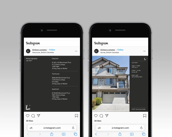 Two smartphone screens display Instagram posts from Klinkera Estates, featuring market statistics and a house in British Columbia.