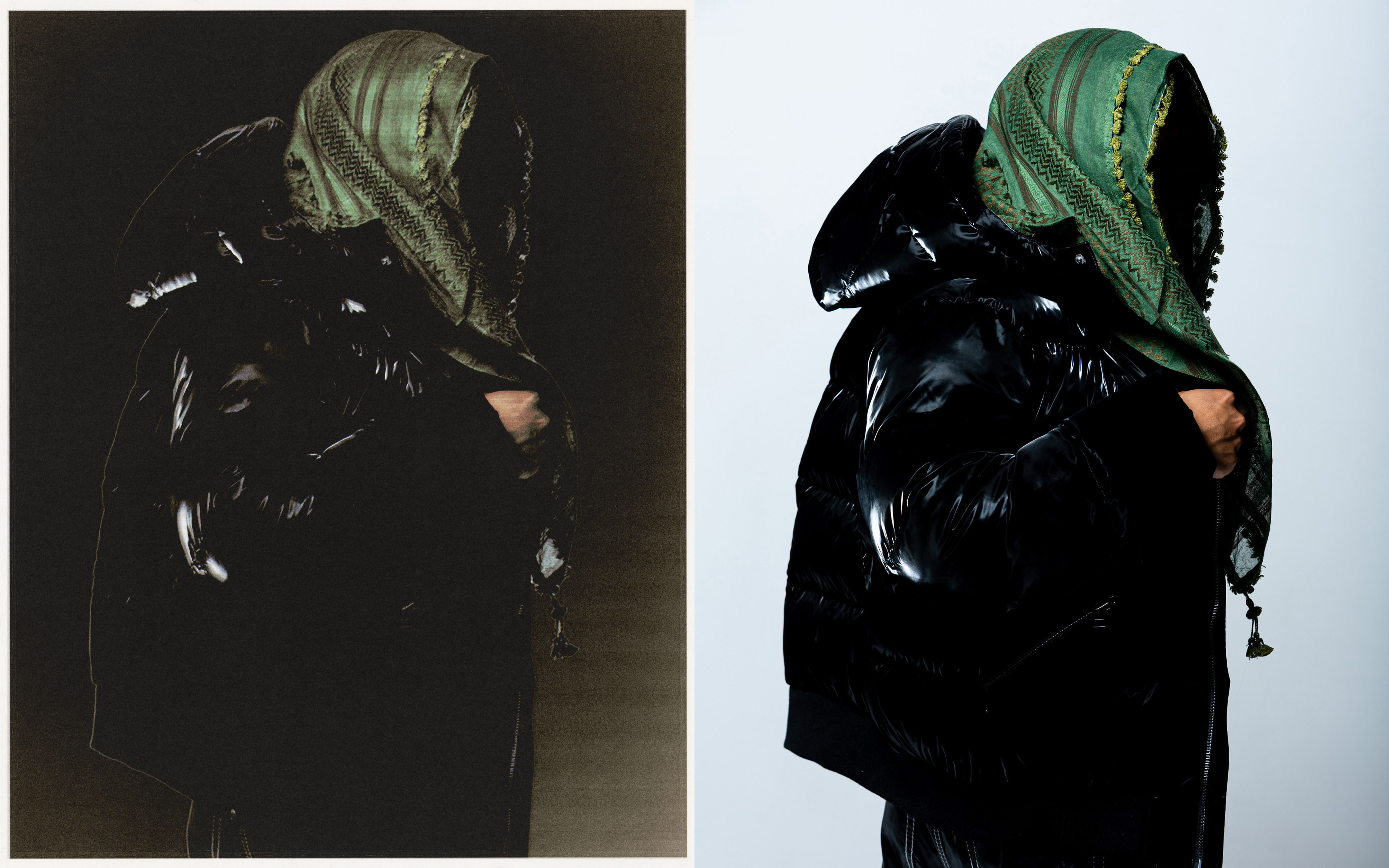 Person in shiny black puffer jacket and green patterned headscarf, split image with contrasting dark and light studio lighting.