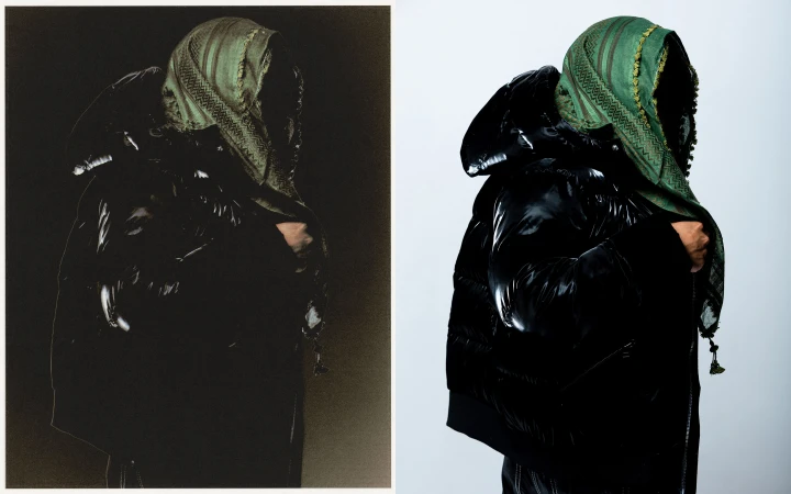 Person in shiny black puffer jacket and green patterned headscarf, split image with contrasting dark and light studio lighting.