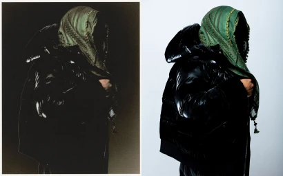 Split view of a person wearing a glossy black hooded puffer jacket and a green patterned scarf wrapped over their head.