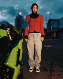 Model wearing a black hood, red buttoned jacket, light wash denim jeans, and sneakers standing beside a lime green motorcycle on a street.