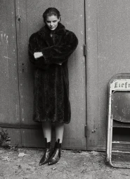 Model Aria Shine wearing an oversized black fur coat and pointed ankle boots against a textured metal industrial door.