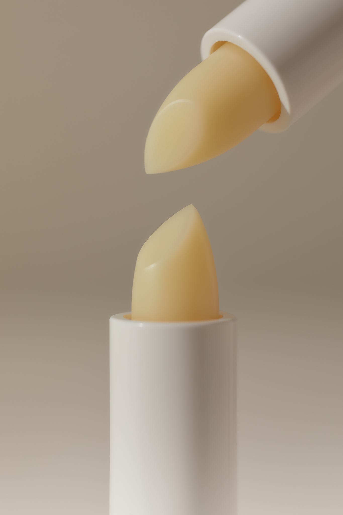 Close-up of two lip balm tubes, one floating above the other, both with a white body and pale yellow balm, on a soft beige background.