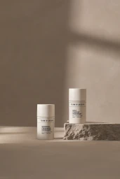 Two white Team Dr Joseph deodorant sticks arranged with a rough stone block against a warm neutral beige backdrop.