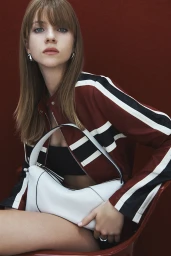 A young female model holding a white leather handbag, wearing a burgundy striped jacket against a dark red backdrop.
