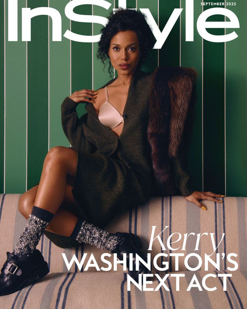 InStyle cover featuring Kerry Washington in a green jacket, bra, and sparkly socks, sitting on a striped sofa against a green wall.