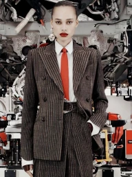 Model in a brown pinstripe double-breasted suit and red tie posed in front of industrial machinery.