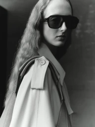 Model wearing dark oversized sunglasses and white trench coat with leather bag strap for RSVP Paris