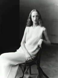Monochrome portrait of a seated model wearing a knitted sleeveless top holding a leather handbag, shot by Janne Rugland for RSVP Paris.
