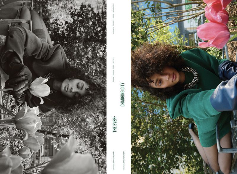 Fashion editorial: Young adult woman poses with a tulip in a split-screen of black and white versus color, in a park setting.