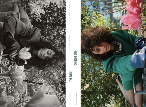 Fashion editorial: Young adult woman poses with a tulip in a split-screen of black and white versus color, in a park setting.
