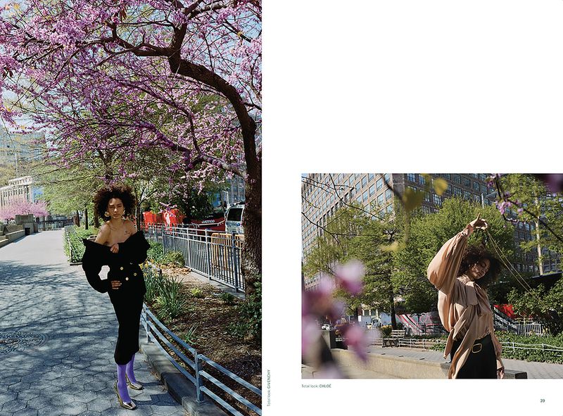Two fashionably dressed women pose in urban parks beneath flowering trees on a sunny day, showcasing contemporary style.