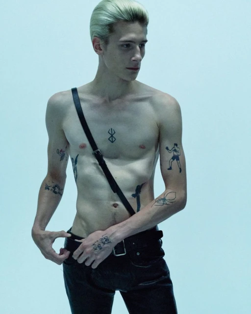Tattooed male fashion model with platinum blonde hair, shirtless, wearing black leather pants and suspenders. Standing against a plain light blue background.