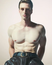Shirtless male model looking at camera wearing high-waisted dark leather trousers with a metal buckle against a plain backdrop.