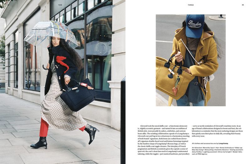 Fashion editorial image features a woman with an umbrella and black handbag running on an urban sidewalk, next to a magazine spread.