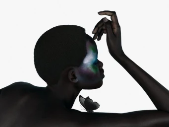 Profile portrait of Caren Jepkemei with colorful eye makeup and a butterfly on her shoulder against a white background.