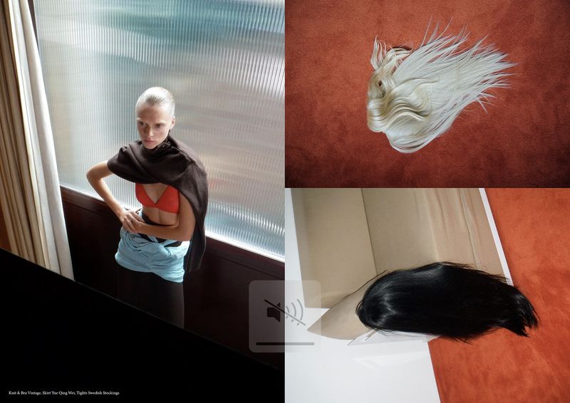 Fashion shot with a fair-skinned adult female in a red bra, blue skirt, and brown scarf standing in front of a textured glass panel.