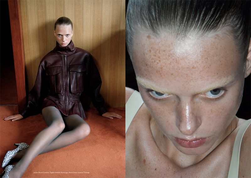Fashion editorial featuring a woman in a leather jacket, hosiery, and heels, juxtaposed with a close-up portrait, indoors.