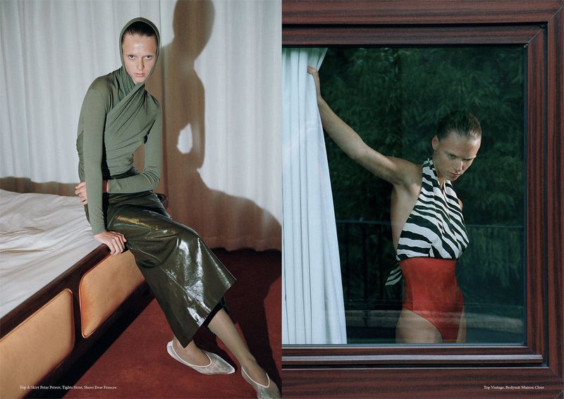 Fashion editorial shot features a model in a green top and skirt indoors, and another model in a zebra top and red swimsuit outdoors, framed by a window.