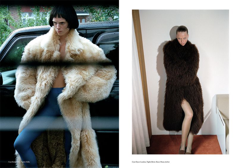Fashion editorial shot: A slender model in a cream-colored fur coat and blue leggings poses next to a black car, with a second model in brown fur coat.
