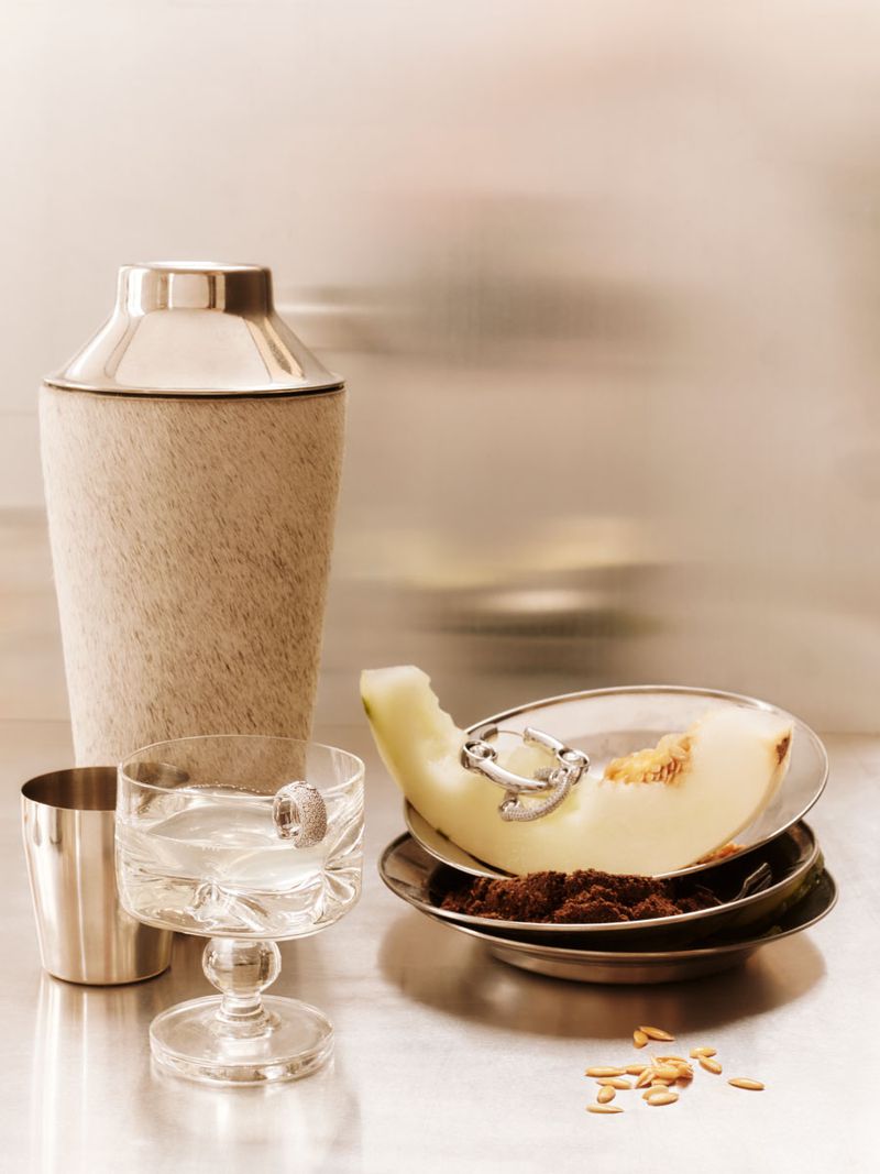 Cocktail shaker, cut melon, and cocktail in a crystal glass on a stainless steel surface, capturing a still life food and beverage scene.