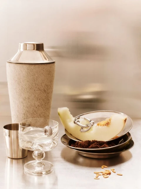 Cocktail shaker, cut melon, and cocktail in a crystal glass on a stainless steel surface, capturing a still life food and beverage scene.