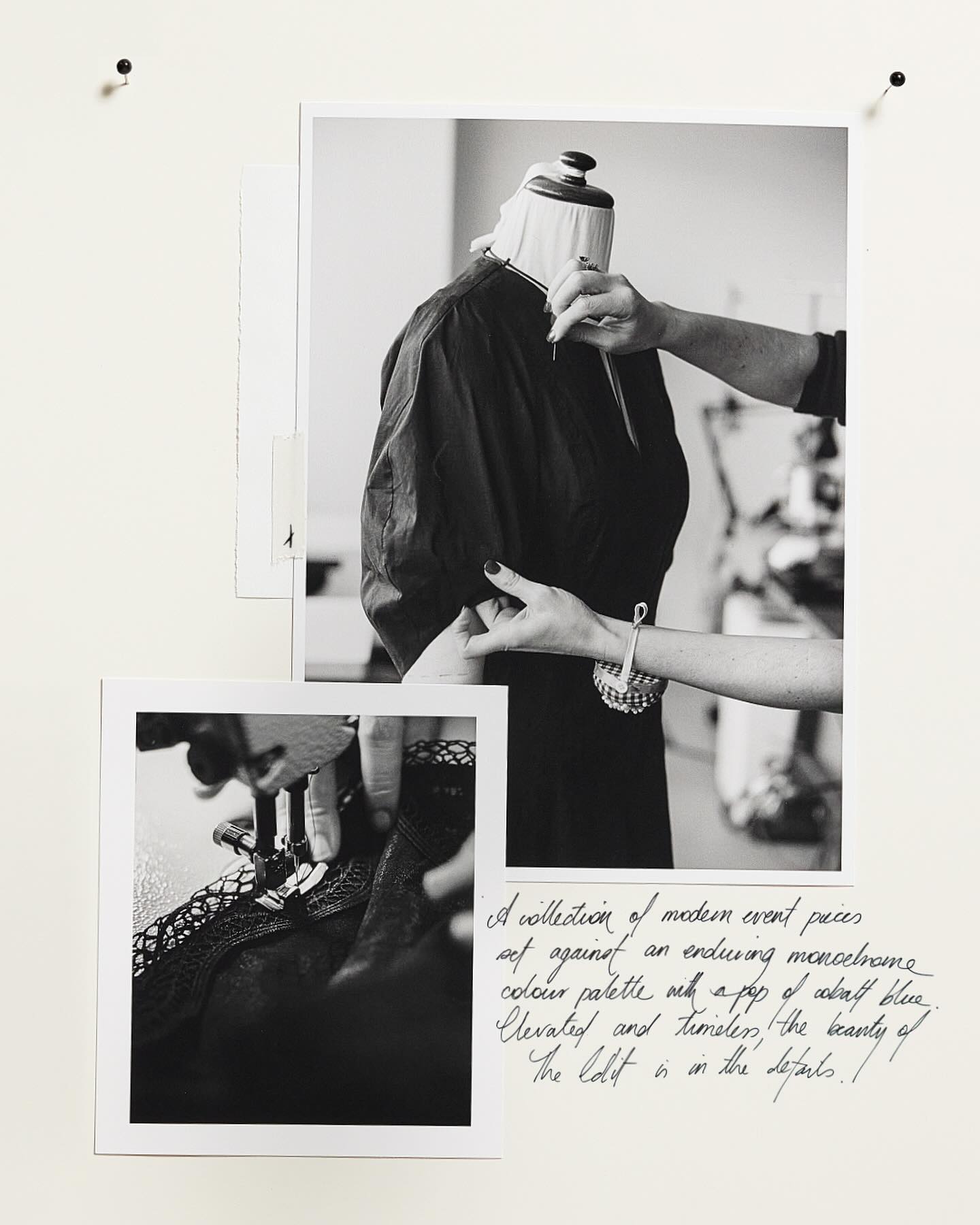 Black and white photograph of a dress being sewn on a mannequin, with a handwritten description and detail of sewing machine.