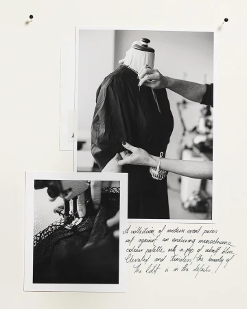 Black and white photograph of a dress being sewn on a mannequin, with a handwritten description and detail of sewing machine.