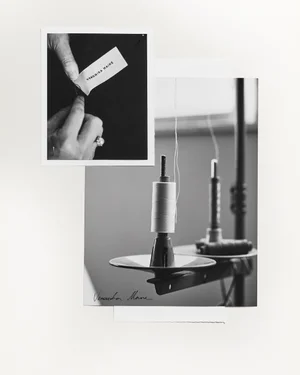 Black and white editorial collage featuring a sewing label and thread spools for Veronika Maine by Benjamin Croft