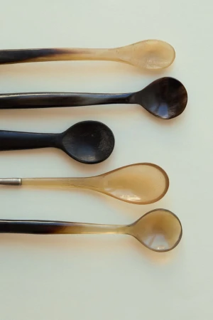 Five spoons of varying colors and materials are arranged in a row on a plain white surface in this top-down studio shot.