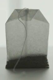 A single paper tea bag with dark tea leaves at the base and a hanging white string against a bright backlit background.