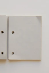 Overhead view of blank off-white hole-punched paper cards resting on a white surface.