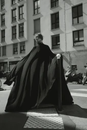 Model in a voluminous black gown standing on a city street against a building exterior in a monochrome fashion photograph.