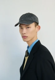 Model Yura Nakano wearing a dark grey baseball cap, black blazer, and light blue collared shirt against a plain background.