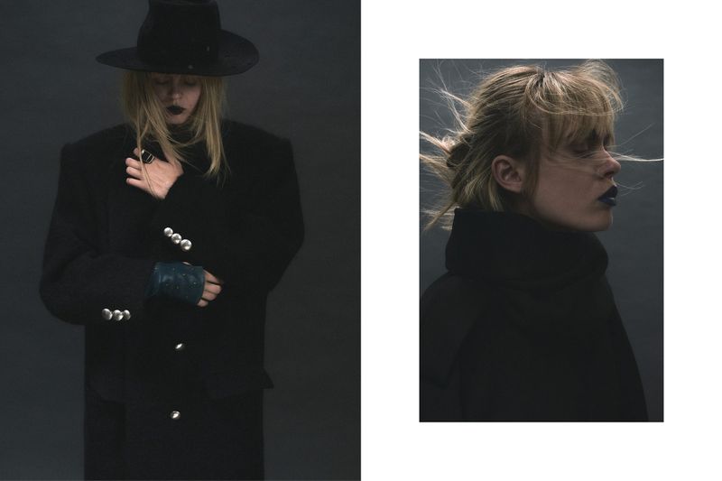 Two fashion portraits of a woman in a black hat and coat with dark lipstick, one in profile, against a dark gray studio backdrop.