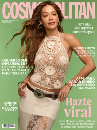 Cosmopolitan magazine cover featuring Rita Ora in a crocheted halter top and skirt on a light green background with pink text.