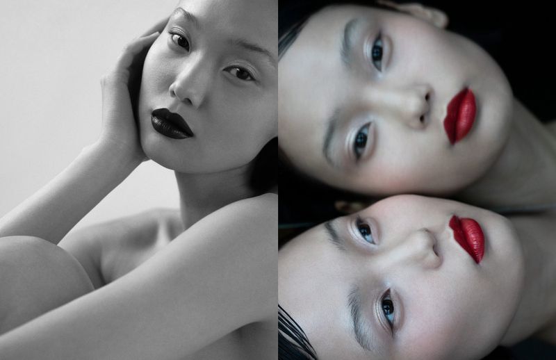 Close-up beauty shot features two Asian women with sleek hair, one with dark lipstick against a grayscale background, the other pair with bright red lipstick.