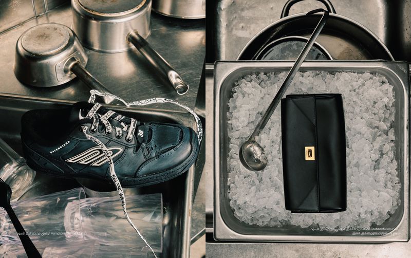 High-fashion accessories are juxtaposed with mundane kitchen objects: a black Balenciaga sneaker and purse are set against metal kitchenware.